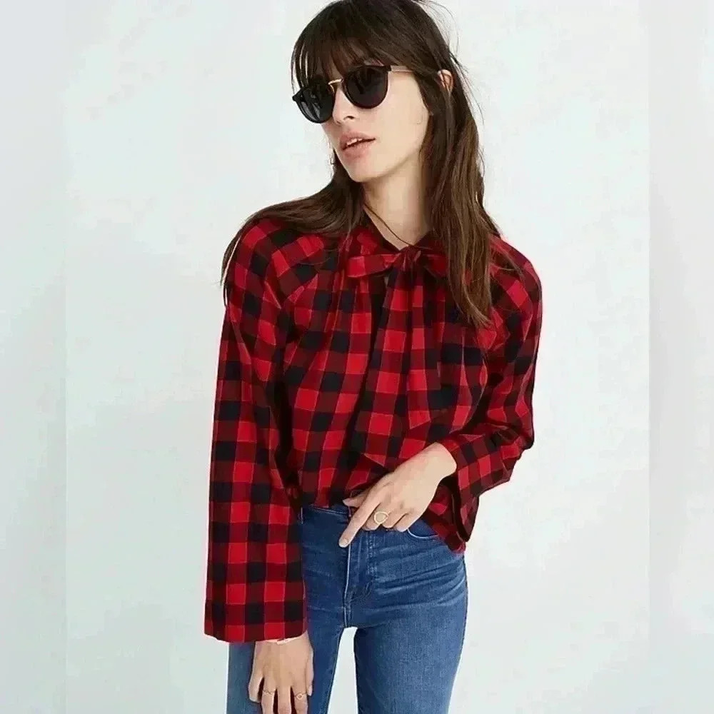 Madewell Tie Neck Popover Shirt Sasha Buffalo Cranberry Check Womens Size M